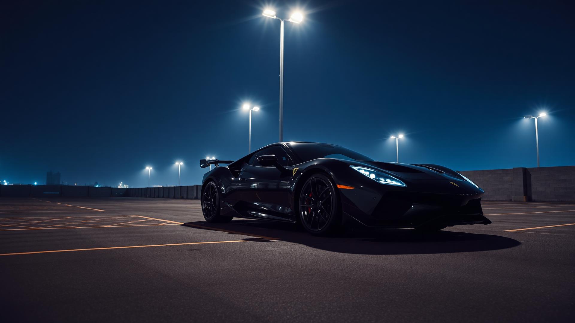 Glossy black sports car detailed under stadium lights